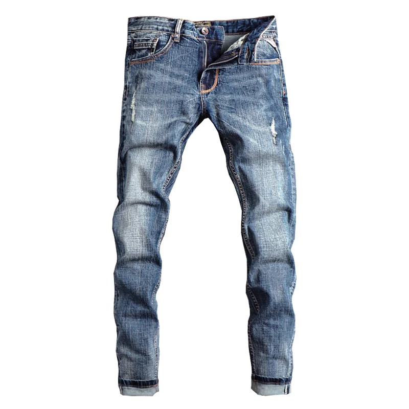 Italian Style Fashion Men Jeans Retro Blue Elastic Slim Fit Ripped Jeans Men High Quality Vintage Designer Denim Pants Hombre