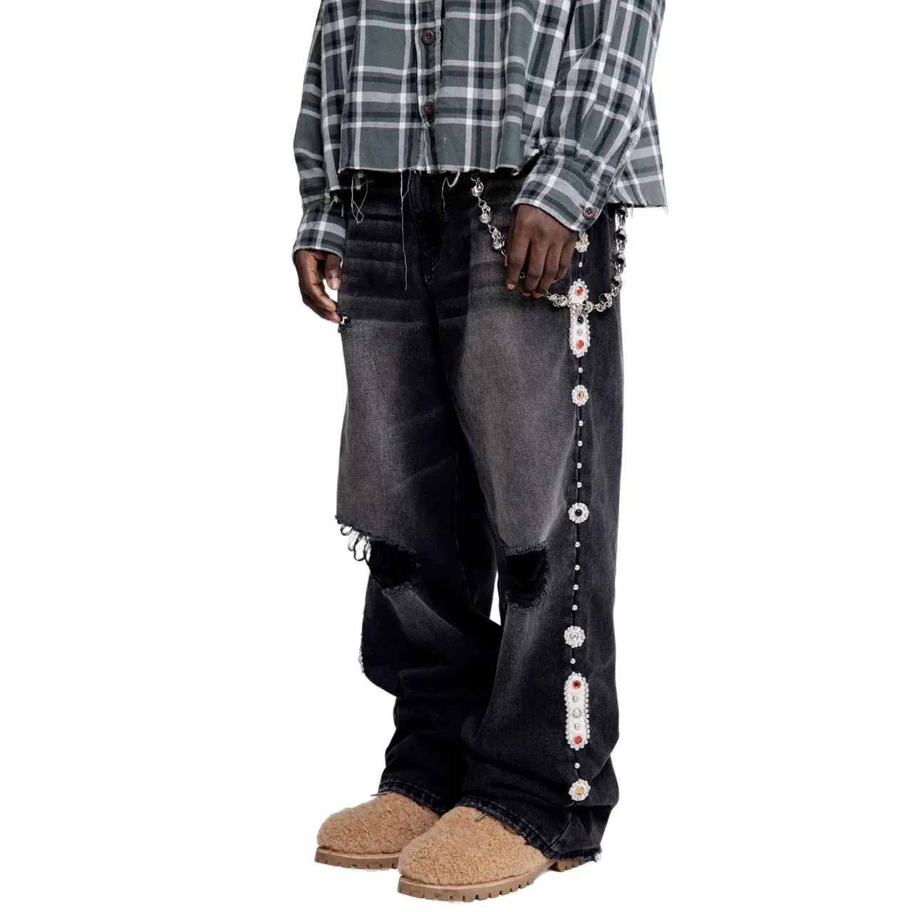 パンツ Levi's black grunge punk denim jeans y2k BXCNCKD Gothic Retro Damaged Spider Web Ragged Edge Jeans