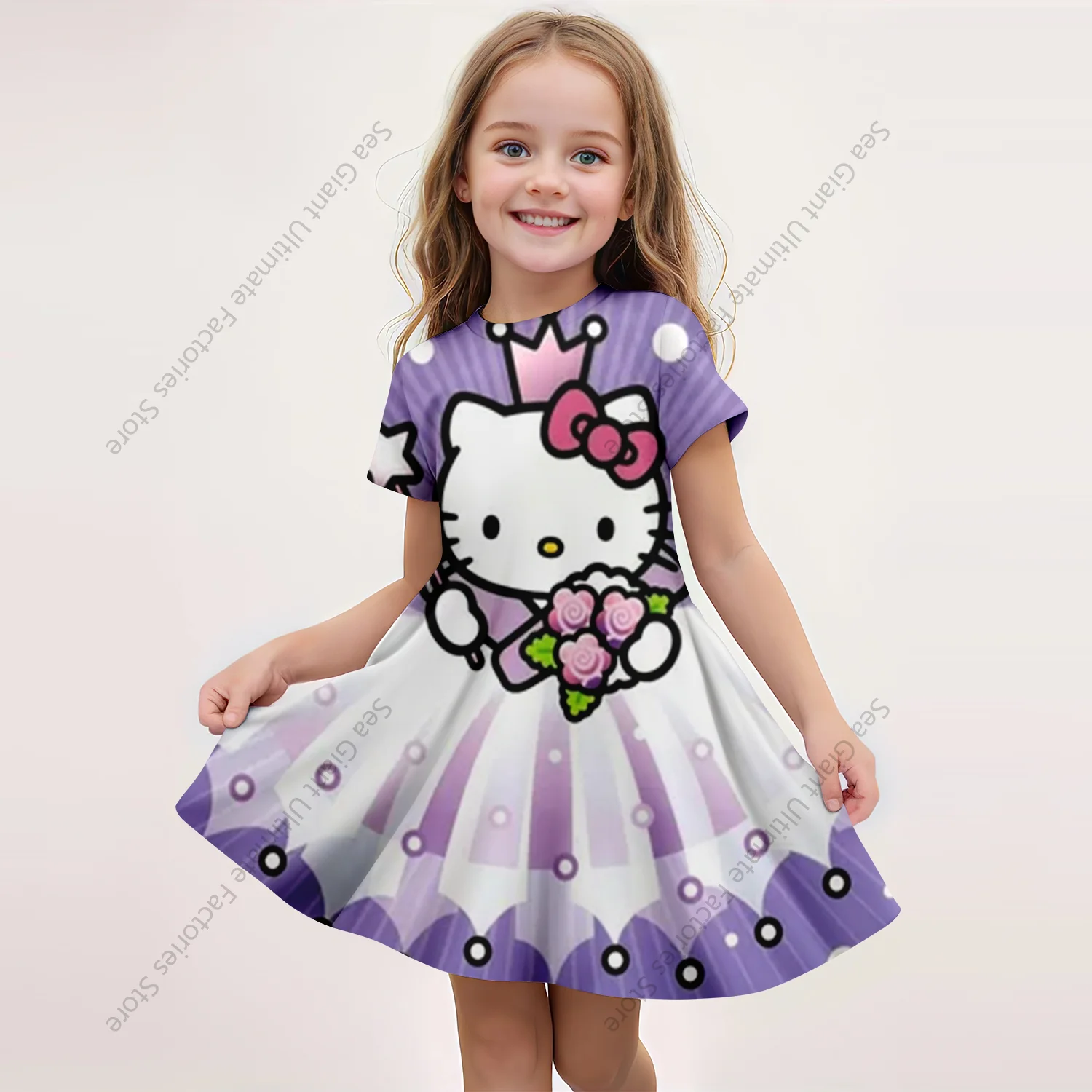 MINISO Girls Summer Dress Cartoon Cute Hello Kitty Princess 3D Print Dresses Girls Short Sleeve Princess Dress Lovely Clothing 1