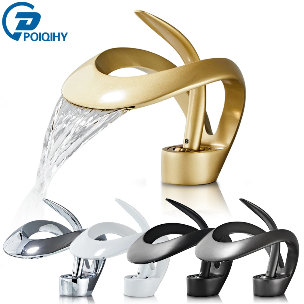 Bathroom Faucet Creative Matte Golden Bathroom Basin Faucet Black Waterfall Vessel Sink