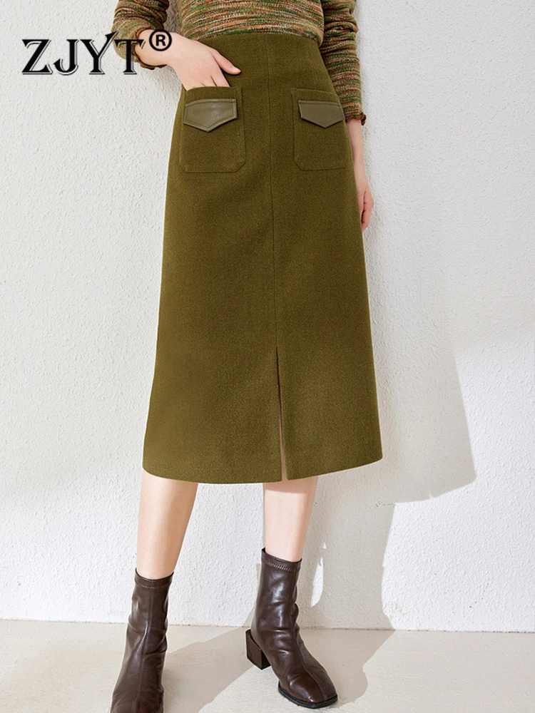 

ZJYT Ladies Midi Woolen Skirts for Women Pocket High Waist Elegant Faldas Female Party Autumn Winter Korean Fashion 2023
