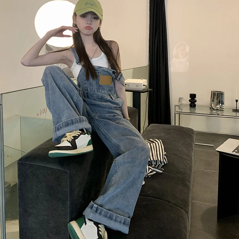 Streetwear Blue Denim Jumpsuits Women Spring Autumn New Straight Baggy Overalls Mujer High Waist One Pieces Wide Leg Pants