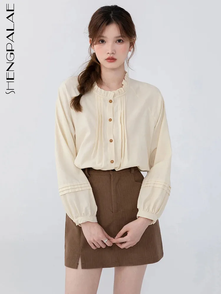 

SHENGPALAE Fashion Women's Shirt Ruffles O-neck Single Breasted Full Sleeve Versatile Blouse Autumn 2023 New Female Tops 5R7560