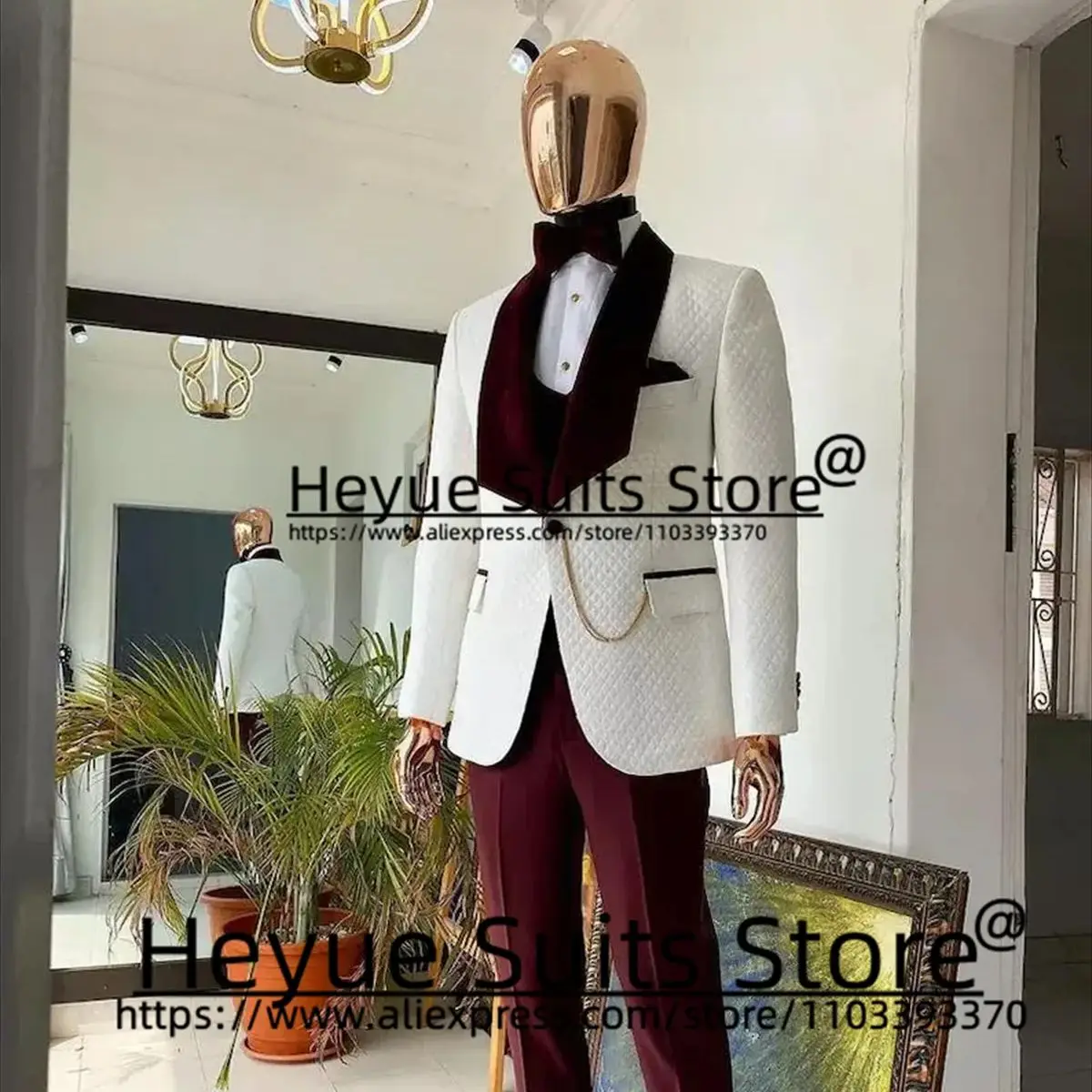 

Elegant White Wedding Suits For Men Slim Fit Velvet Shawl Lapel Groom Tuxedos Party 3 Pcs Sets Luxuly Male Blazer Costume Homme