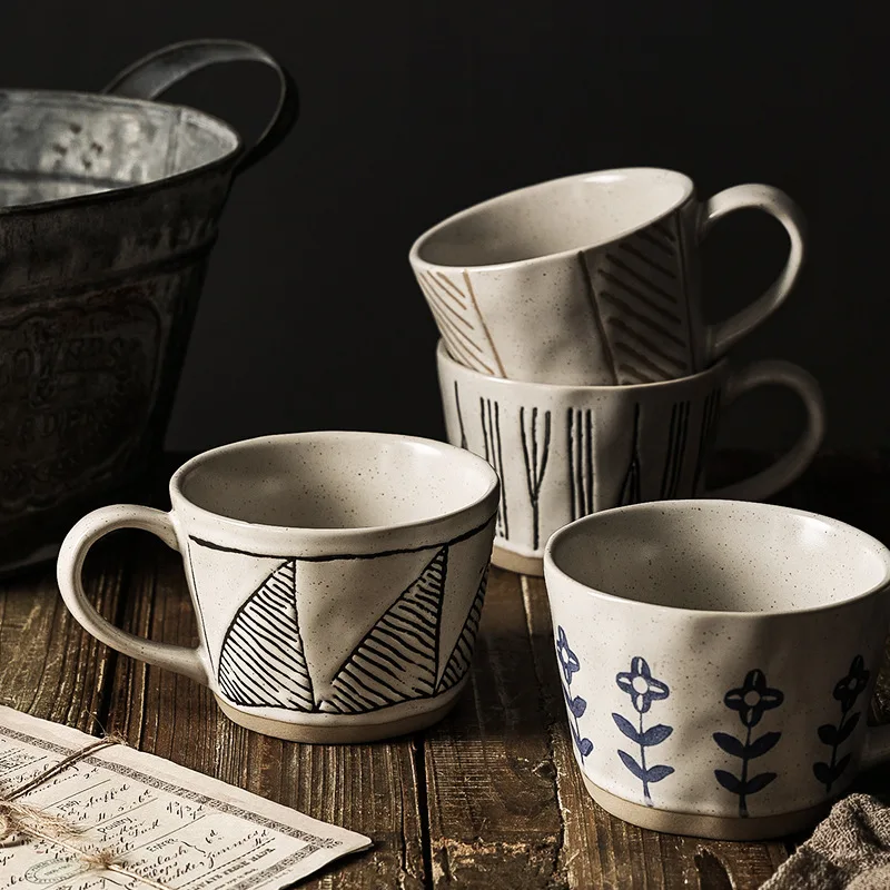 

300ML Creative Hand-painted Ceramic Mug Retro Coffee Cup Large Capacity Milk Tea Cup Drinkware Breakfast Mugs Couple Cup Gift