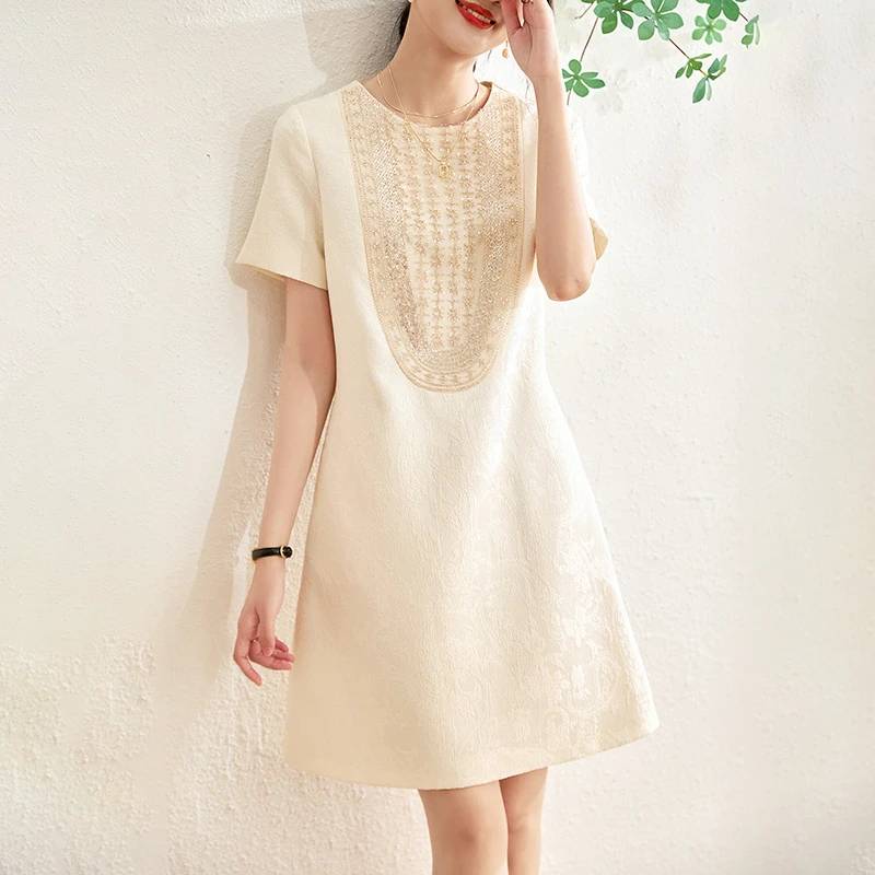 French Vintage High Quality Small Fragrance Dress Women O Neck Beaded Jacquard Embroidery Loose Slim A  Line Elegant Basic Dress