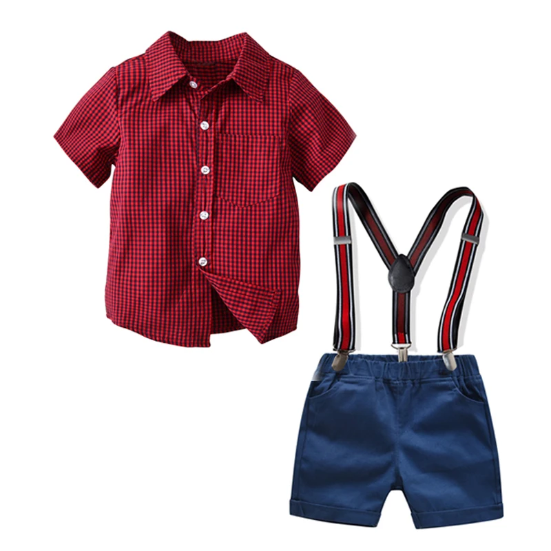 

2-7 Years Baby Boy Clothes Red Plaid Shirt + Nary Shorts with Suspender Belt Suits Children Casual Gentleman Wedding Boys Suits