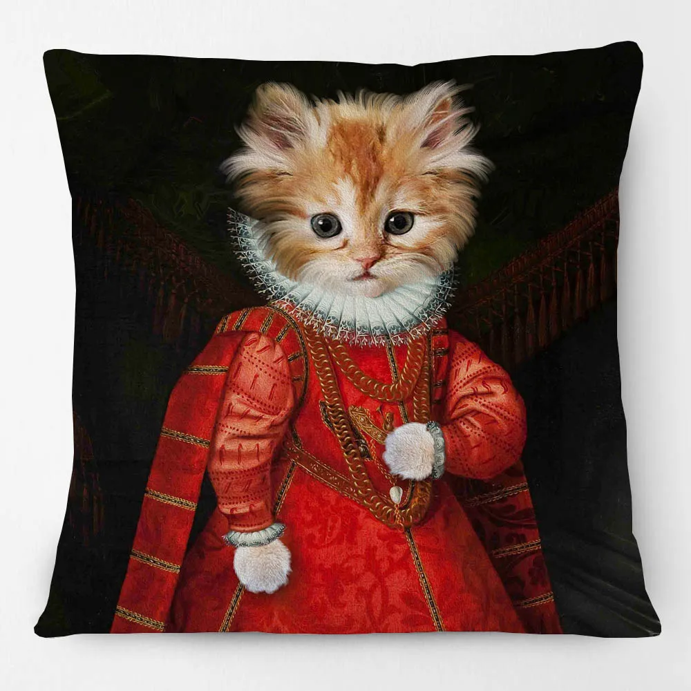 Housse De Coussin Déhoussable 45cm – Chat Victorien Costumé Et Oiseau – Style Noble Et Shabby Chic