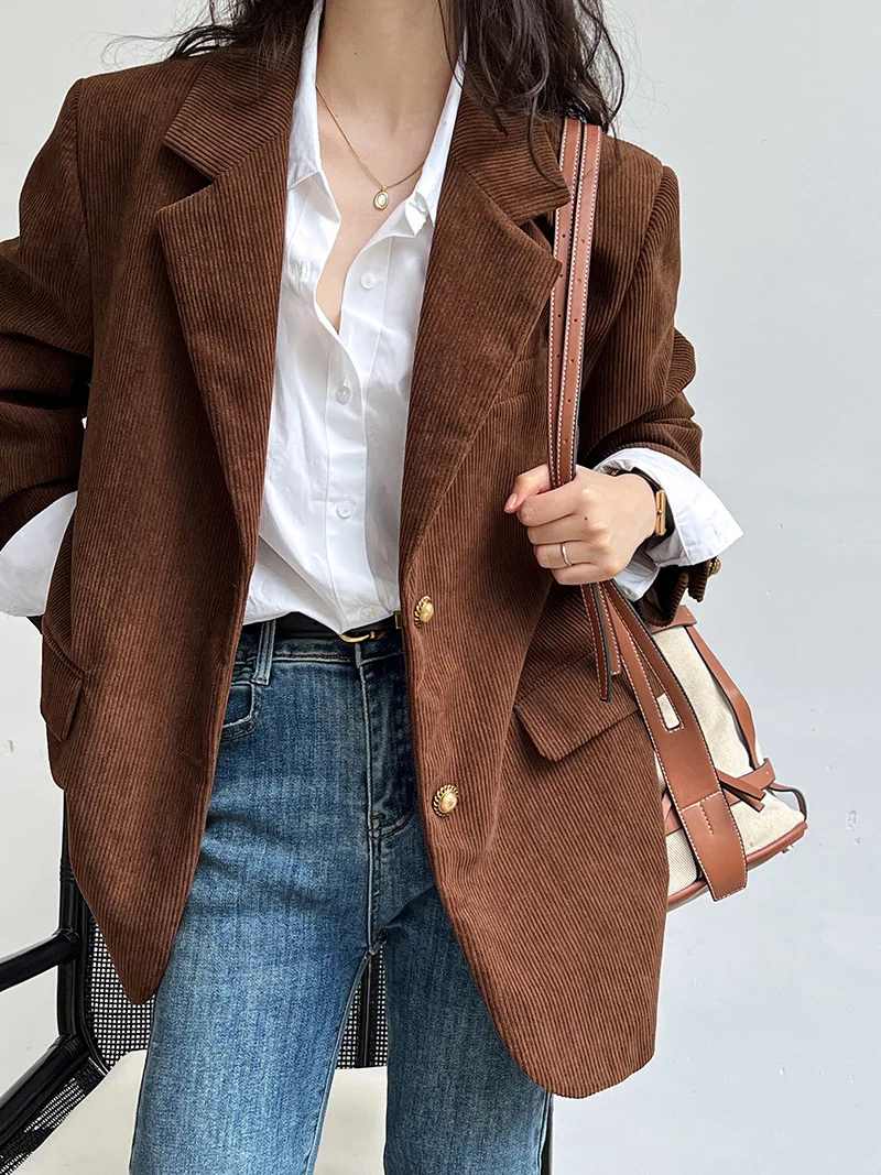 

Tesco Women's Blazer Suit Corduroy Jacket Metal Button Loose Casual Coat Korean Style Vintage Outerwear For Female Autumn Winter
