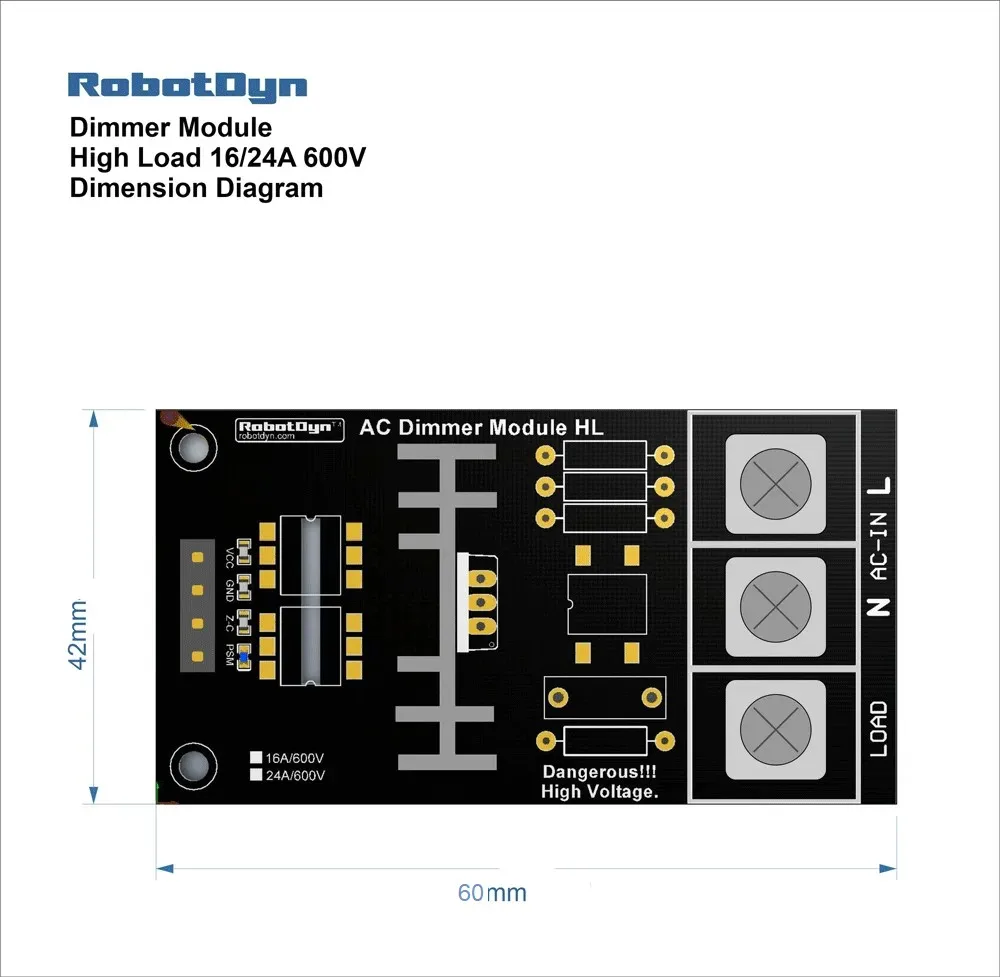 Dimmer AC module for 16A/24A/8A 400-600V High Load, 1 Channel, 3.3V/5V logic