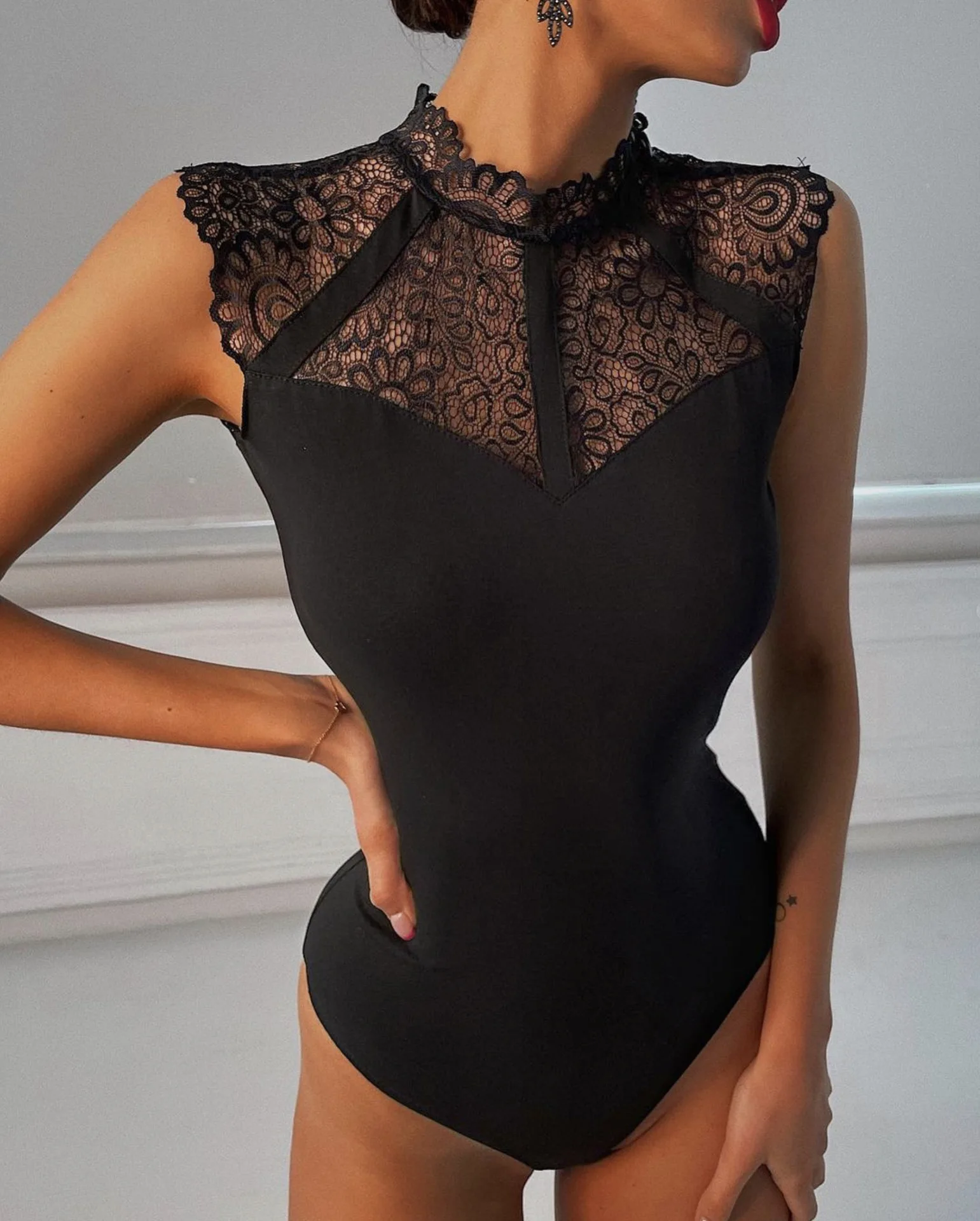 

Sexy See-through Lace Splice Jumpsuit Fashion Women's Slim One-piece Leggings Ladies Clothes Bodysuit