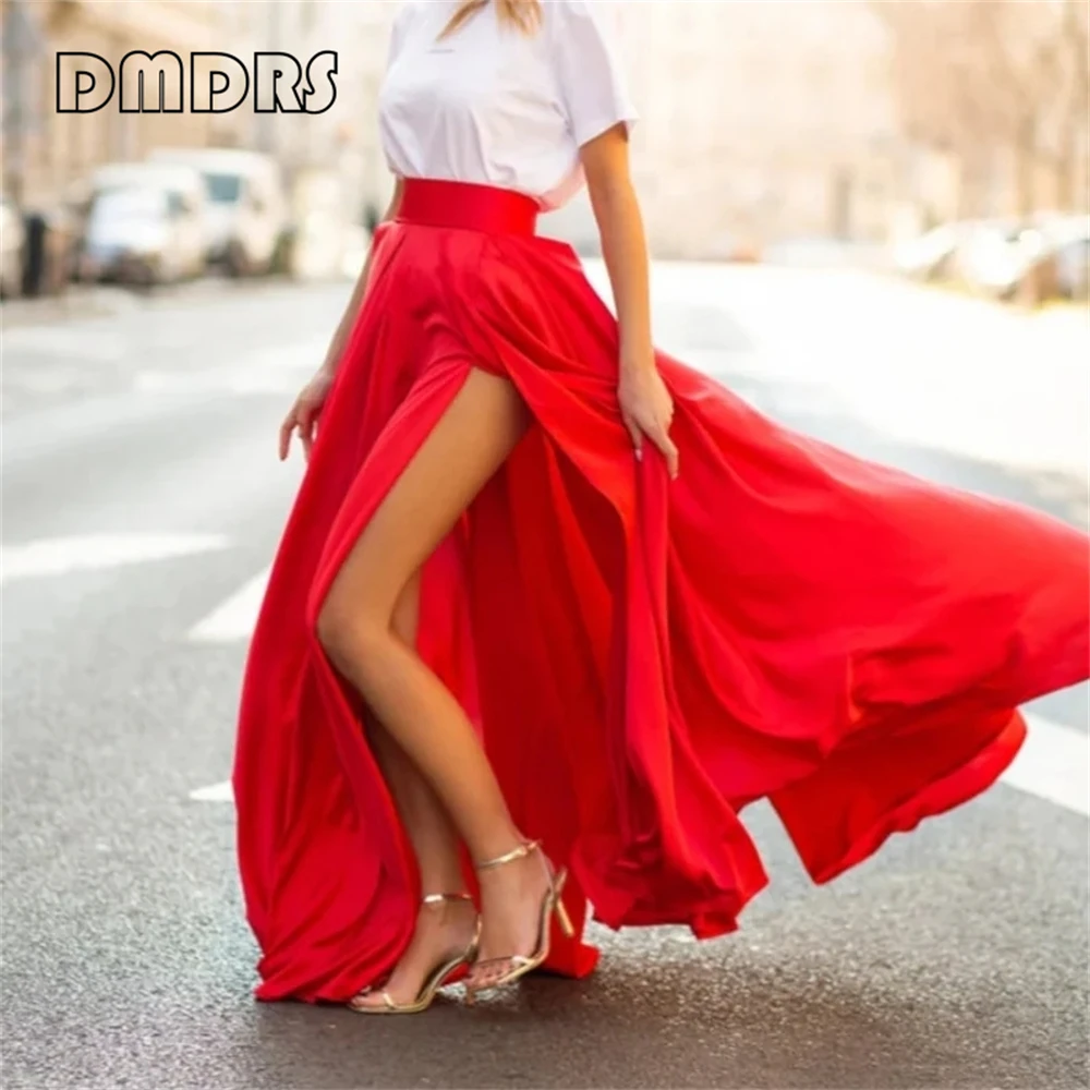 Satin Slit Skirt Elegant Midi Dress High Waist Skirt Party Outfit Dress Women's Circle Flowy Skirt For Women Summer Dress