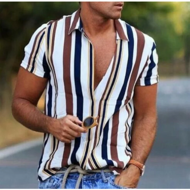 

2023 Summer Hawaiian Shirt Mens Vertical Stripe Print Short Sleeve Lapel Regular Hem Fit Blouse