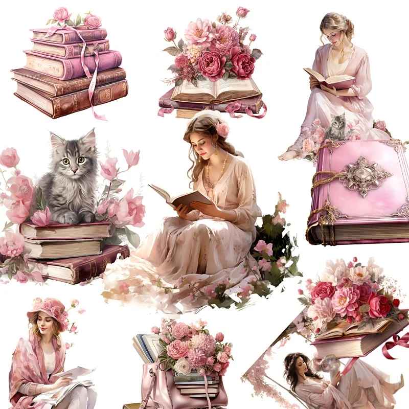 

Акварельные Ретро розовые книги для чтения для девочек акварельные растения ручная наклейка для учетной записи милые поделки и скрапбукинг планировщик