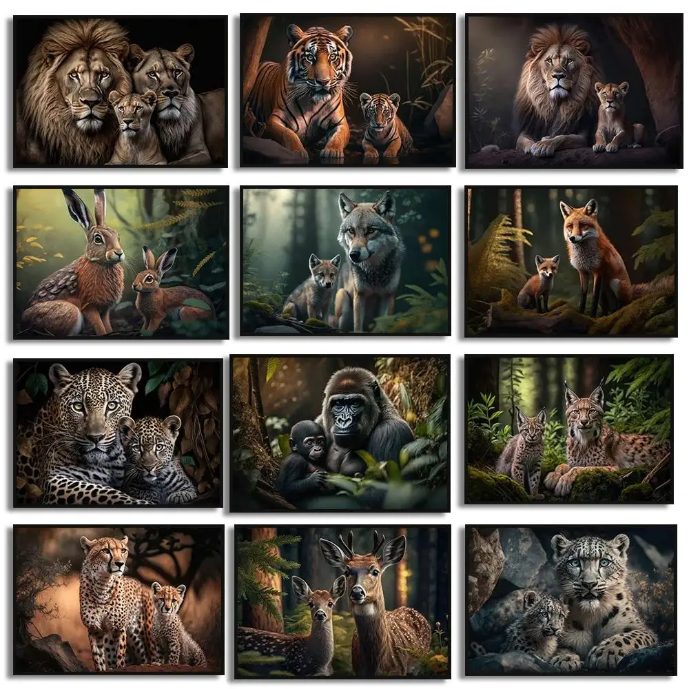 Семейный холст с принтом дикой природы, львы, тигр, волк, лиса, олень, Горилла, леопард, современное настенное искусство, Декор