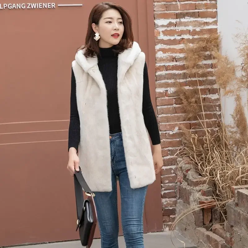 Fur Vest Women's Autumn and Winter New Korean Version Hooded Mid-length Solid Color High-end Jacket Warm Pocket Jacket Fur Coat