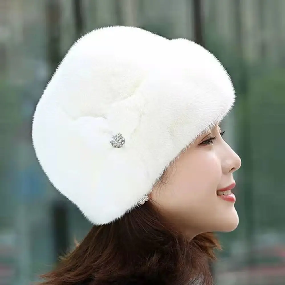 Fashion Faux Rabbit Fur Winter Hat Thickened Flower Decor Bucket Hats Keep Warm Middle-aged Cap Women
