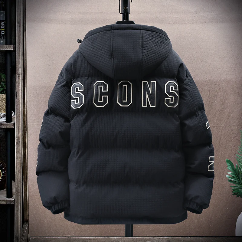 Fashion Youth Men Winter Letter Embroidery Large Pocket Hooded Cotton-Padded Jacket Unisex Parkas Thick Warm Fashion Windbreaker