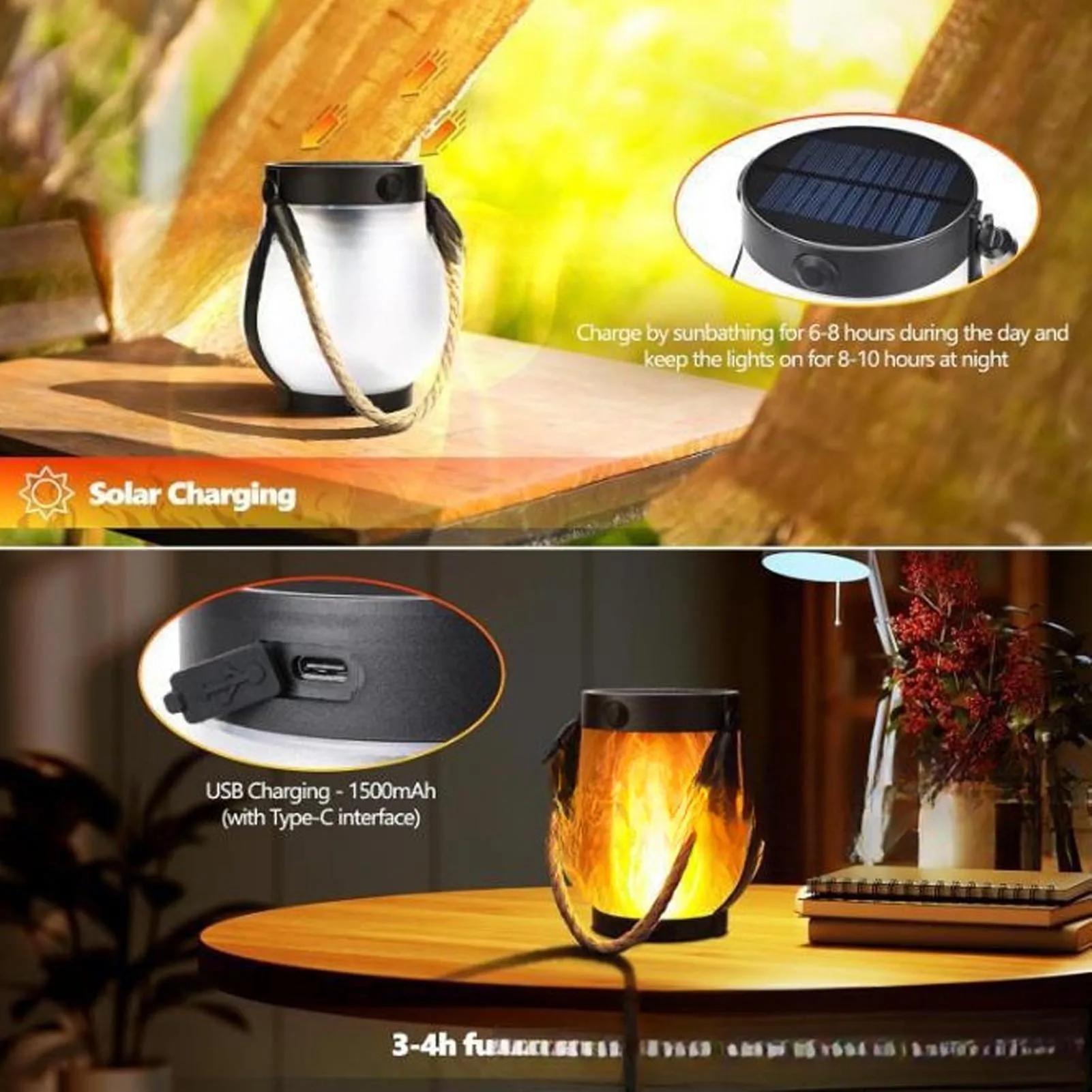 2pcs Solar Lantern Outdoor Lights Solar Powered USB Rechargeable Outdoor Lanterns with Realistic Flickering Fire Hemp Rope Desig