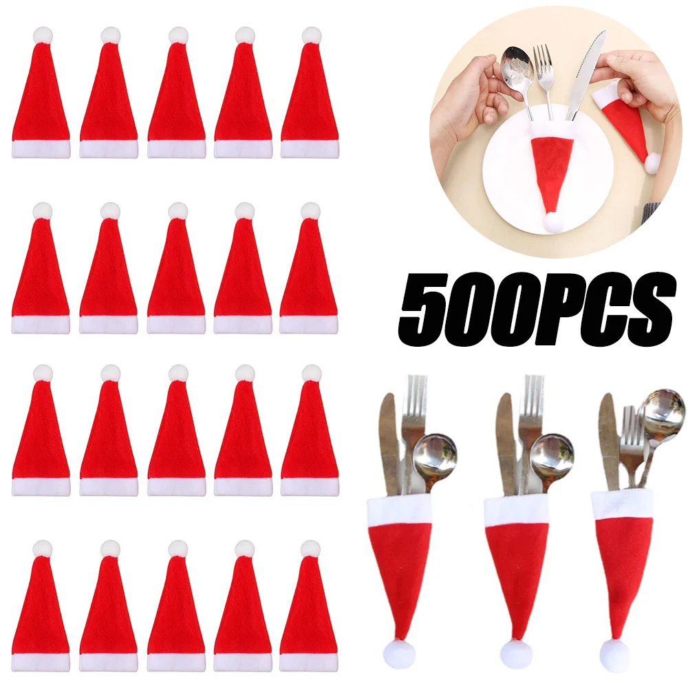 500PCS Mini Christmas Hat Cutlery Set Cutlery Storage Bag Christmas Cutlery Set Christmas Decoration