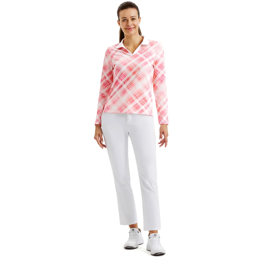 

JS Women Blouses And Shirts Side Slit Tennis Sports Shirt Breathable Long Sleeve Lapel Collar V-Neck Tops Blusa Feminina