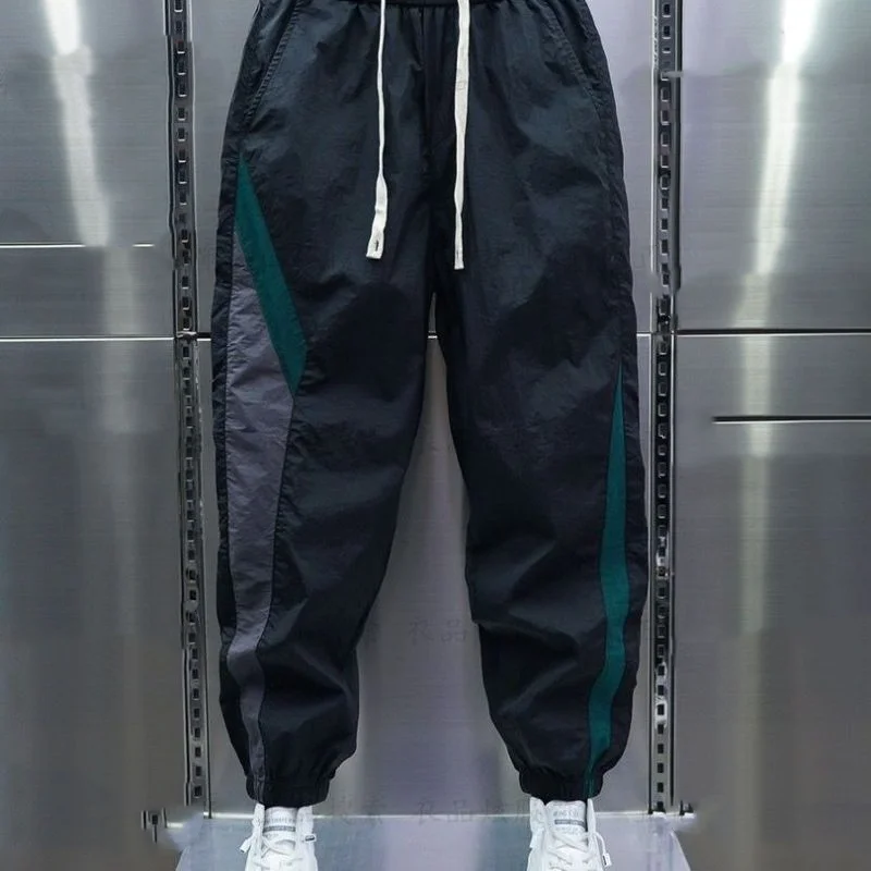 2024 Summer New Men's Trousers Contrast Color Spliced Elastic Drawstring Fashion Trendy Loose Young Style Casual Harlan Pants