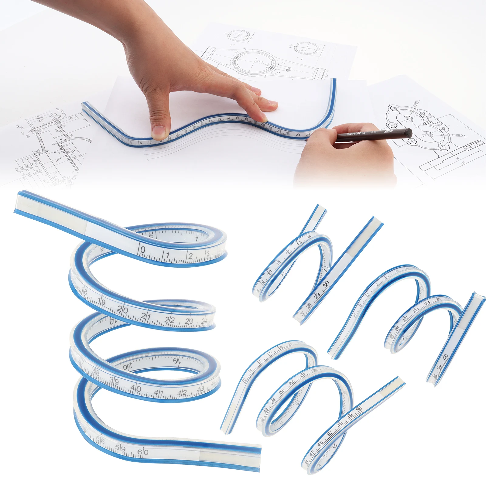 Imperial and Metric Double Scale Flexible Curve Ruler Drafting Drawing Tool for Sewing/Drawing/Engineering Drawing 30/40/50/60cm measuring ruler