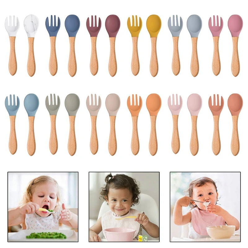 2PCS/Set Baby Feeding Spoon Fork Wooden Handle Spoon Fork Set Soft Silicone Tip Spoon Fork BPA Free Food Grade Infant Toddlers
