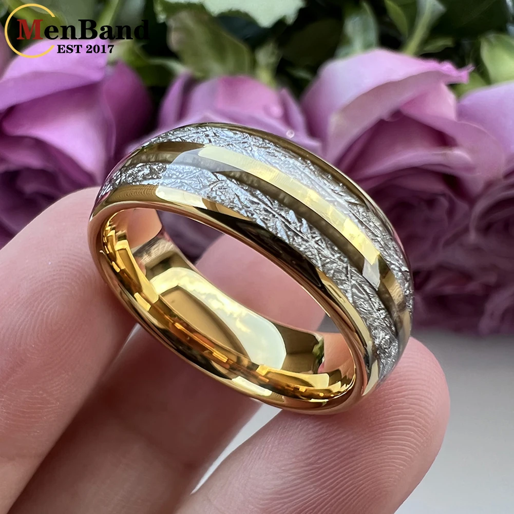 MenBand Fashion Gold Color 8MM Men Women Tungsten Wedding Band Ring With Double Groove White Meteorite Inlay Comfort Fit