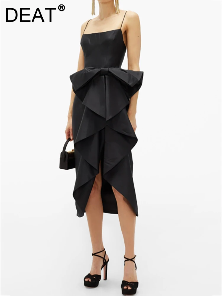 

DEAT Women's Fashion Evening Dress Camisole Patchwork Bow Spliced Backless Split Female Party Dresses Summer 2024 New 13DB2513