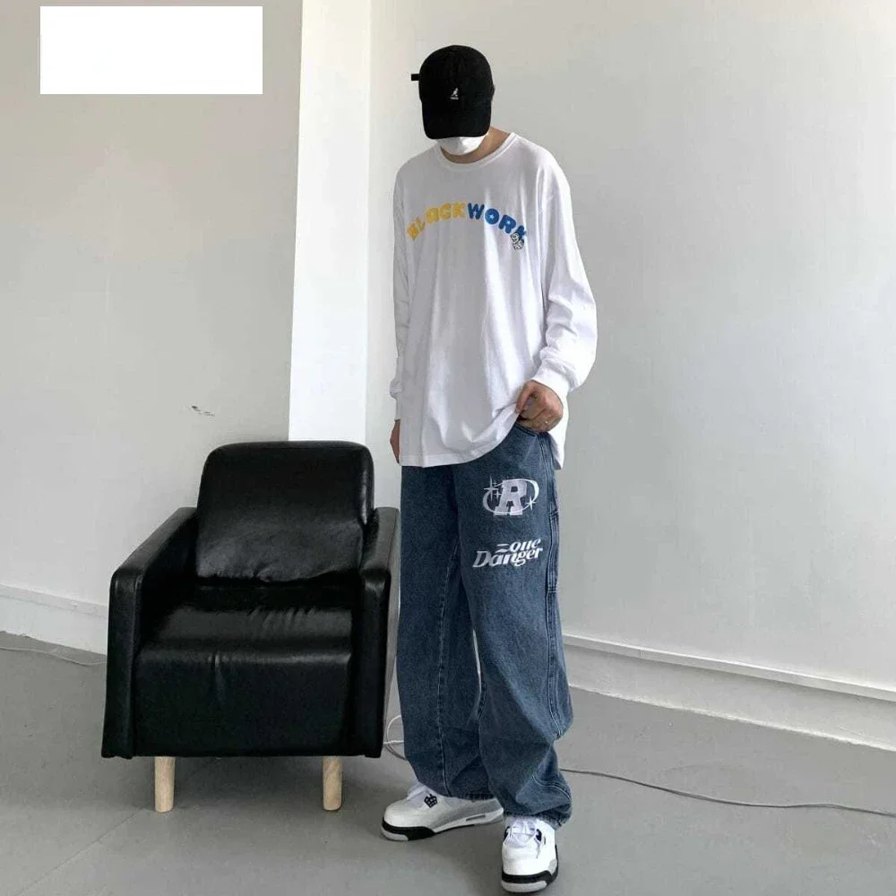 Men's Jeans Autumn New Vintage Hip Hop Letter Printing Loose Straight Leg Wide Leg Pants