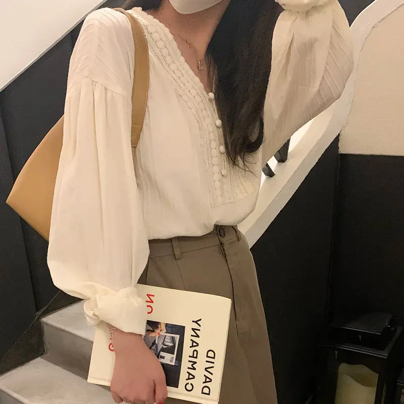 White Cotton Long Sleeve V Neck Women Blouse