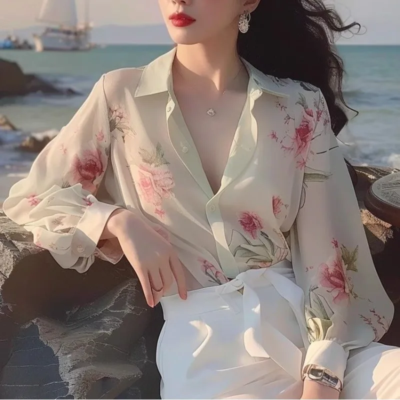 2024 Summer Shirts French Style Commute Chic Spliced Printed Single-breasted Ruched Women's Loose Polo-neck Long Sleeve Blouses