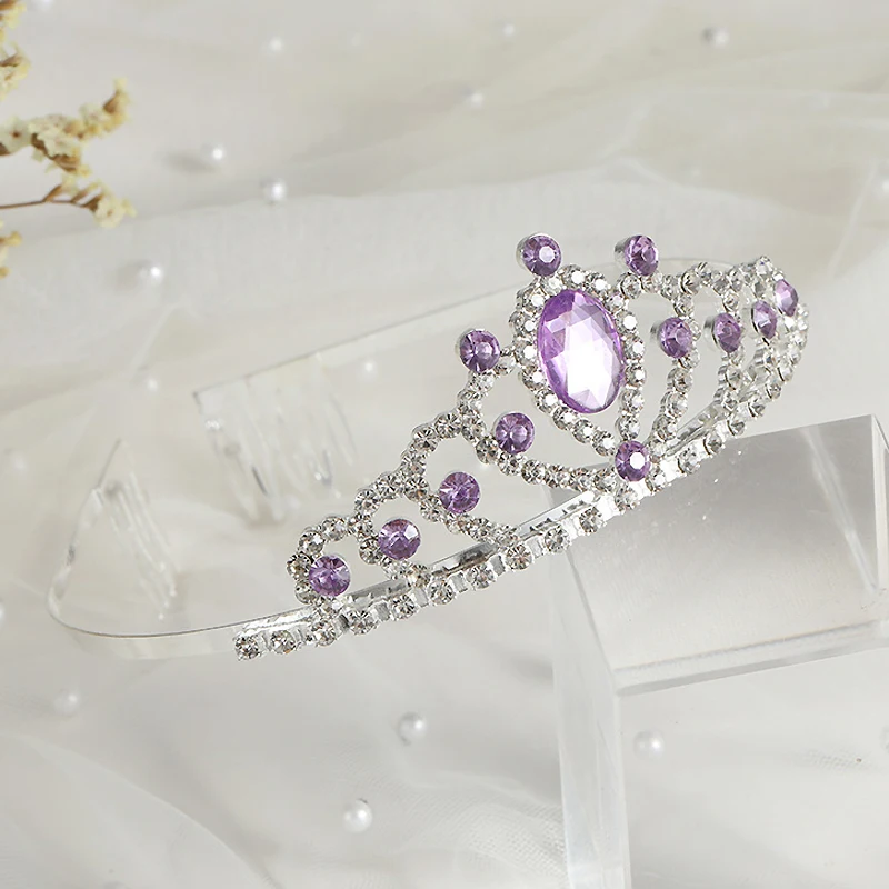 Purple Pink Blue Crystal Princess Tiara Comb Headband Wedding Bridal Crown Girls Hair Jewelry Accessories