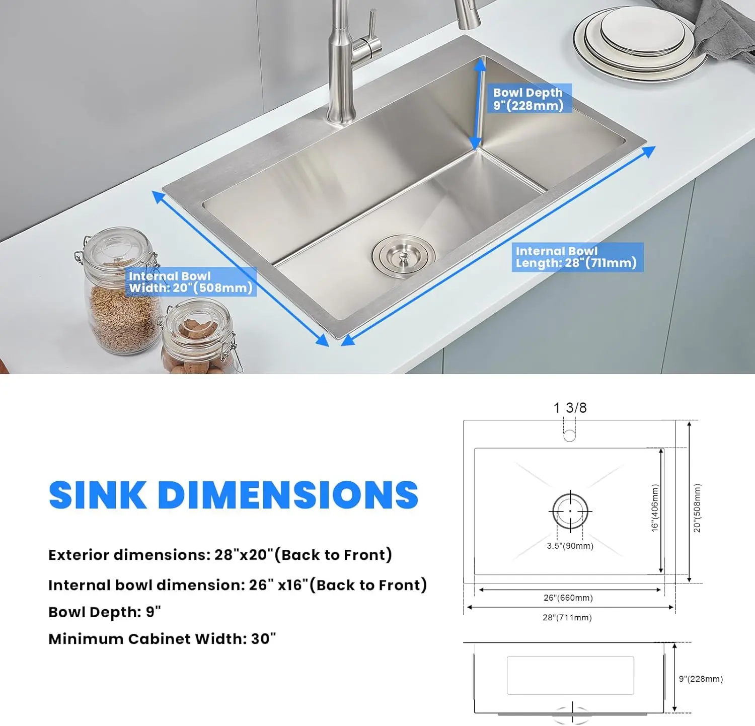 ROVATE 28&times;20 Inch Drop In SUS 304 Kitchen Sink Top mount Stainless Steel 9 Inch Deep Single Bowl Kitchen Sinks Brushed Nickel