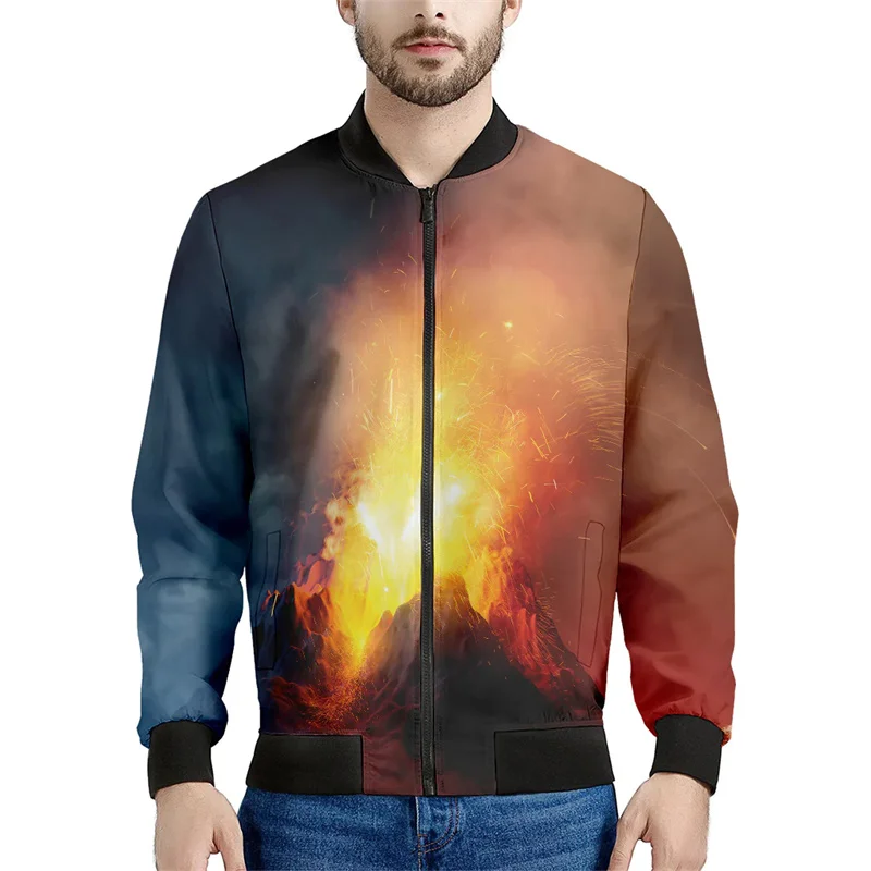 Chaquetas con estampado 3D de magma y erupción de volcán para hombre, sudadera holgada de manga larga, chaqueta bomber informal con cremallera, ropa de calle, abrigo