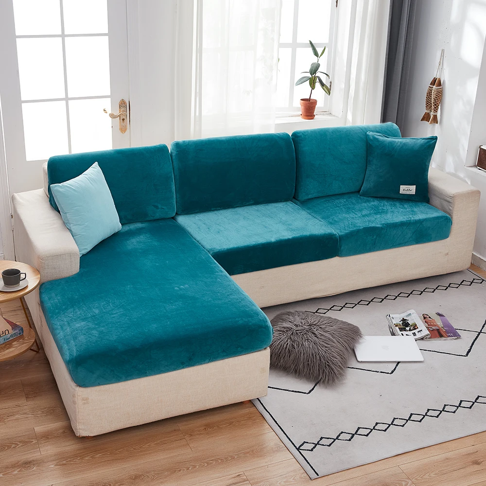Velvet Solid Color Sofa Seat Cushion Covers For Living Room Furniture Protector Elastic Removable Couch Chaise Longue Slipcover 2