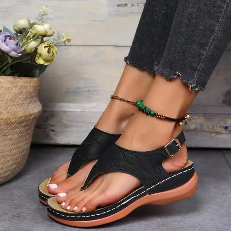 Orthotic Flat Sandals Solid Color Texture Pattern Women's Thong Sandals Comfort Sandals Women Orthopedic Sandals Arch Support