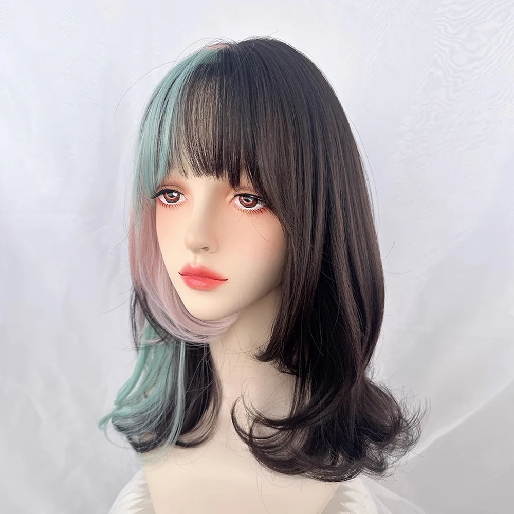 Synthetic Short Wavy Ombre Black Pink Blend Wig with Bangs Lolita Cosplay Women Fluffy Hair Wig for Daily Party