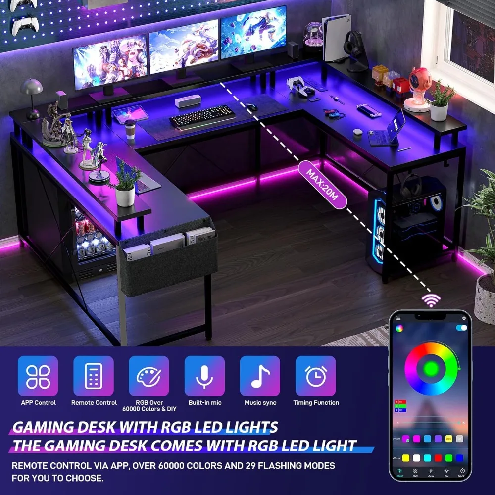 U Shaped Computer Gaming Desk, Reversible L Shaped Desk with Power Outlets, LED Strip & Monitor Stand, Large Corner Desk with S 6