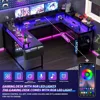 U Shaped Computer Gaming Desk, Reversible L Shaped Desk with Power Outlets, LED Strip & Monitor Stand, Large Corner Desk with S 6