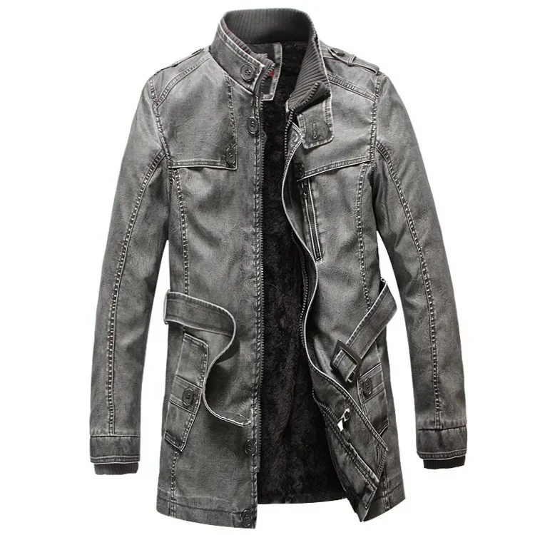 Men Leather Jacket with Zipper Slim Stand Winter Thick Long Coat Genuine Leather Plush Adjustable Waist
