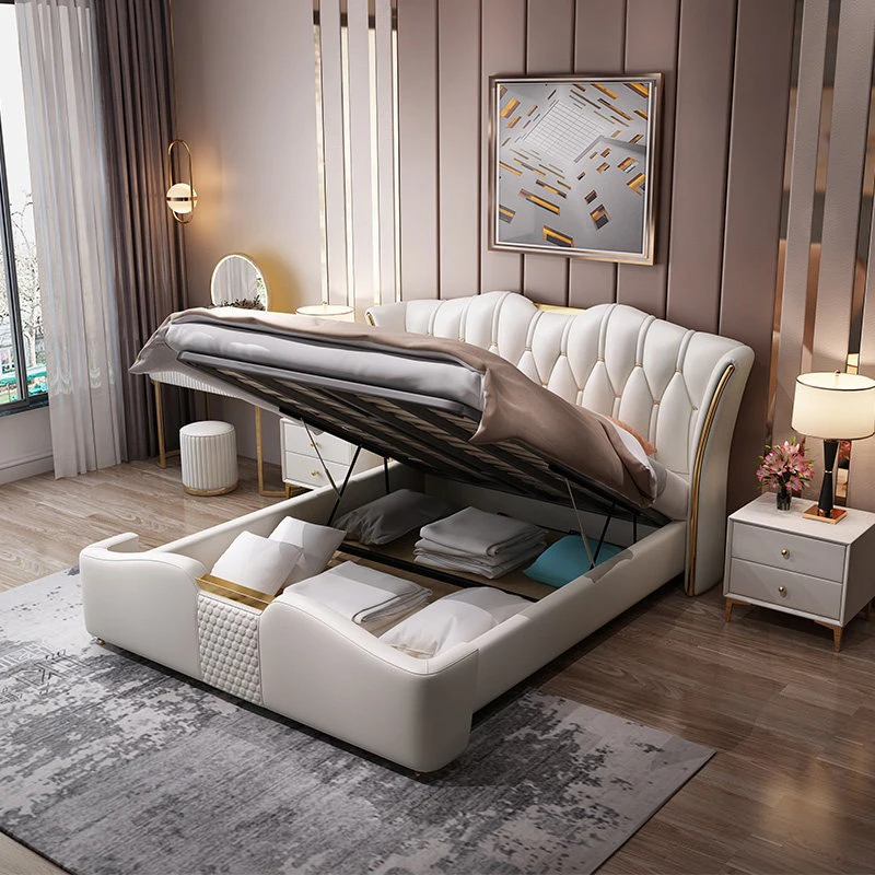 Leather Bed Bedroom Furniture Light Luxury Home Furniture High Quality Double Bed With Storage Space