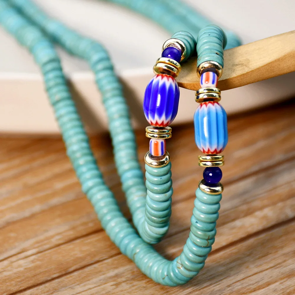 Holiday Tibet Blue Turquoise Glass Beaded Necklace Feminine Minority Design Choker Collar Chain Talisman Hanging Neck Jewelry