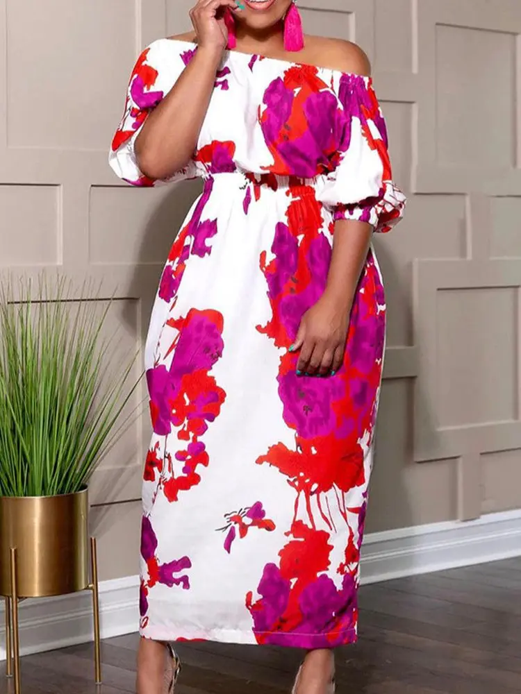 Plus Size Floral Elegant Dress Women Off Shoulder Pretty Cloth Lady Casual Long Robe 2023 Summer Sale Trendy Party New In Dress