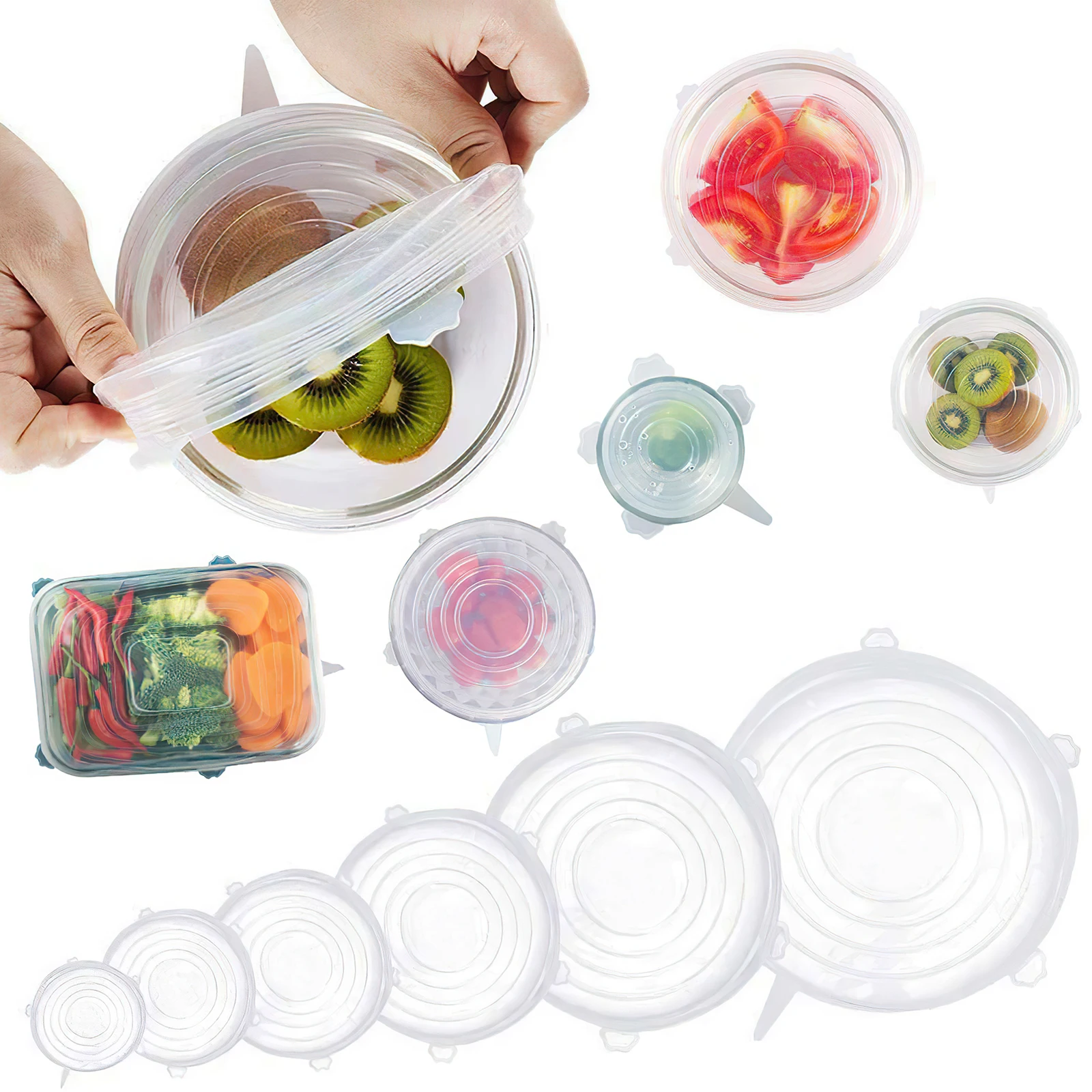 6Pcs Food Grade Silicone Preservation Cover Reusable Airtight Food Universal Dish Stretch Round Lids For Kitchen Accessories