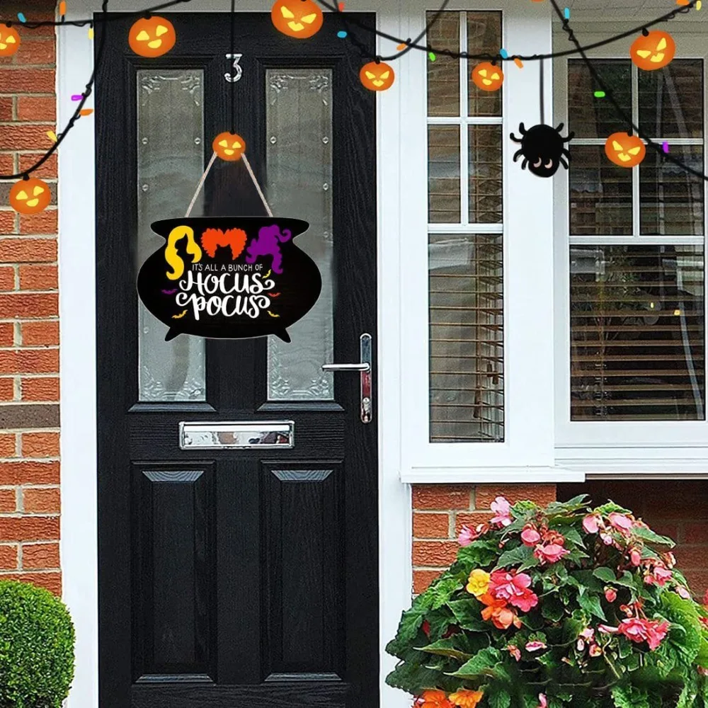 

Wooden Halloween Door Sign Craft Front Door Hanging Hocus Pocus Doorplate Sign Art Door Decor Wall Hanging Ornament