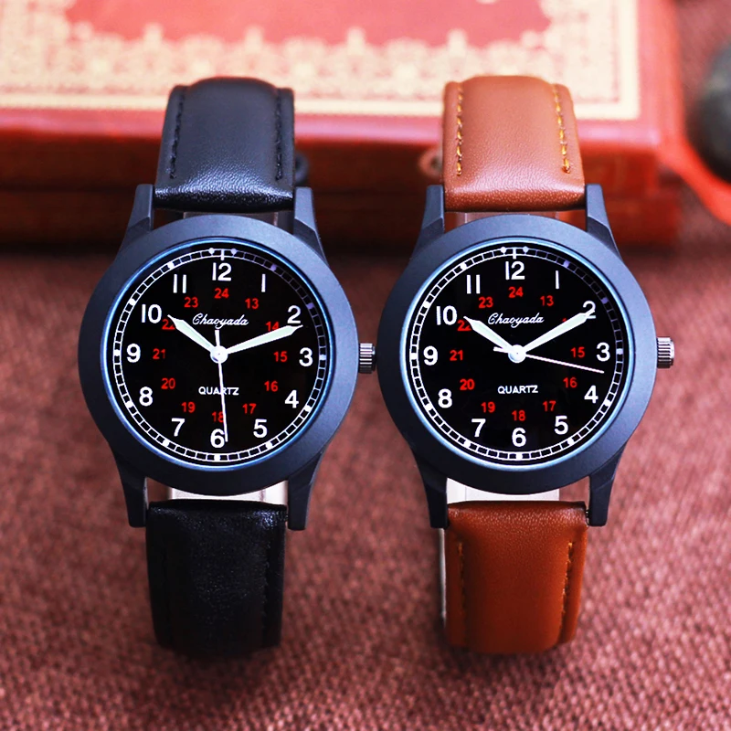 2025 fashion 24hours quartz watches for children boys girls soft leather high quality students exam clock Luminous hands watches 3