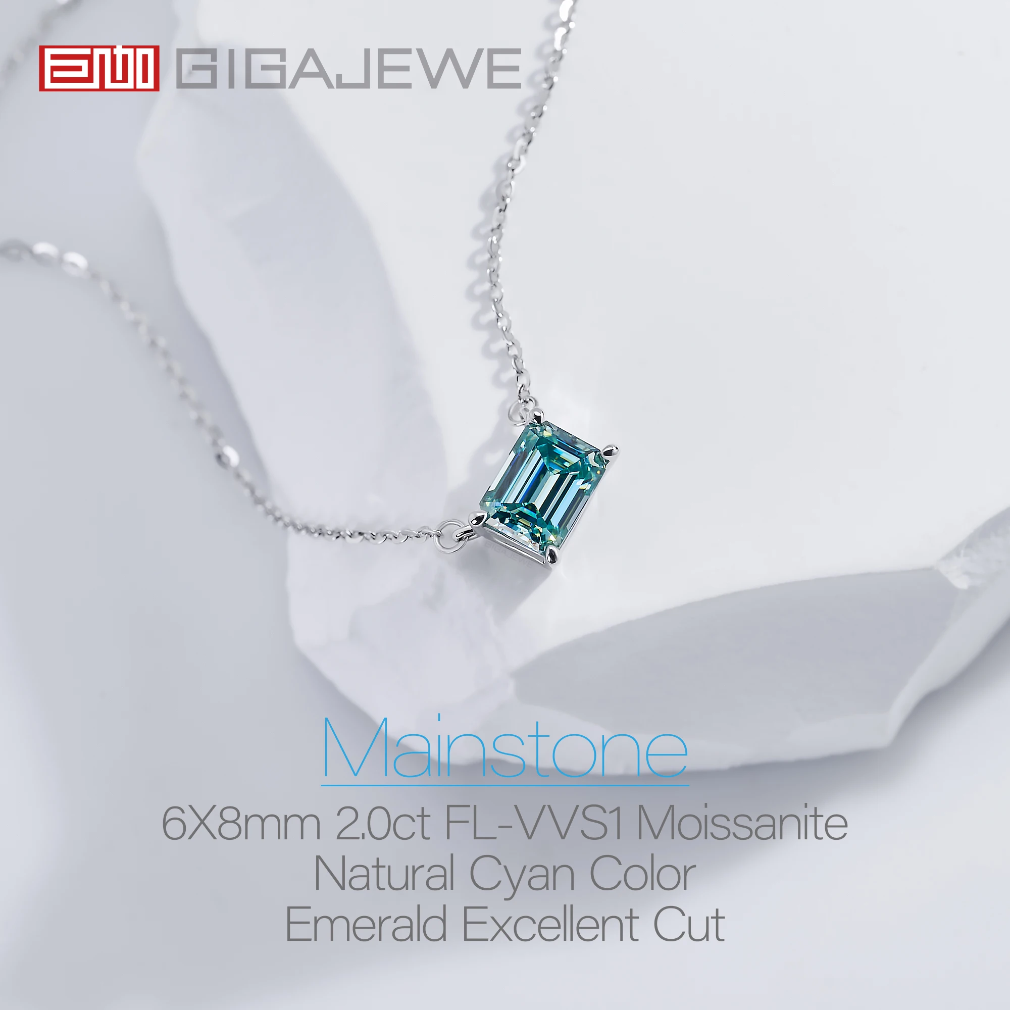 Фото GIGAJEWE Moissanite Emerald Cut Natural Голубой 2.0ct 6X8mm 18K Серебряное обручальное ожерелье Женский подарок №2