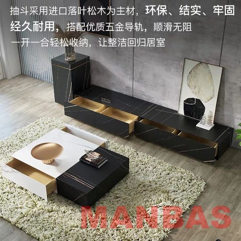 MANBAS Nordic Sintered Stone Table Basse TV Stand Modern Rectangle Coffee Tables Tea Table with Stainless Steel Muebles De Sal&oacute;n